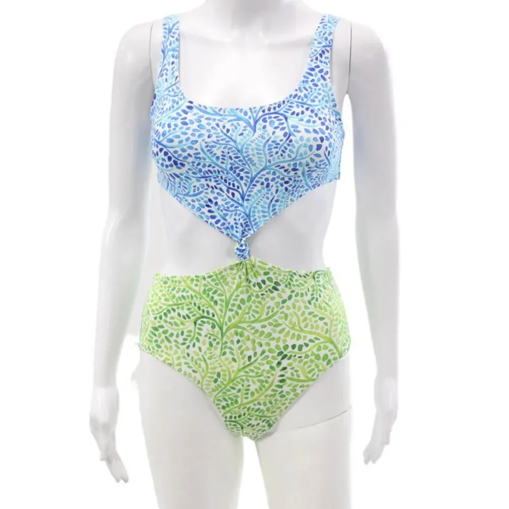 Solid & Striped Womens One Piece Swimsuit Blue Floral Leaf Size S